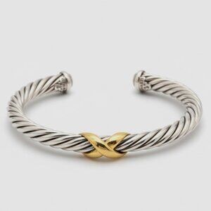David Yurman Sterling Silver 925 Twist Cable Station Dome Bracelet w/ 14K Gold X